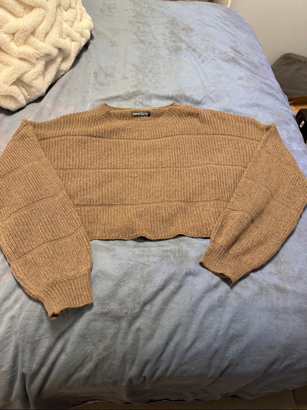 SHEIN Camel Brown Cropped Ribbed Crewneck Sweater